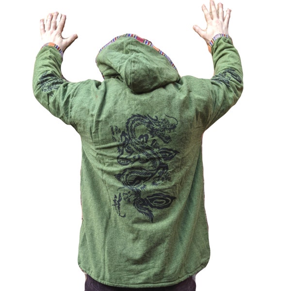 Fair Trade Green Dragon Blockprint Fleece Lined Heavy Woven Cotton Zip Jacket J023-2