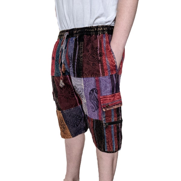 Fair Trade Heavy Cotton Denim Combat Patchwork Shorts Blockprint Stonewashed (in 4 Colours)