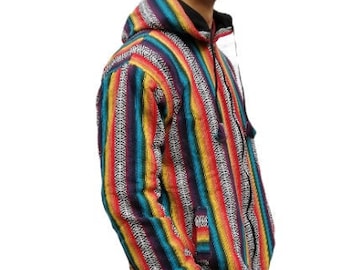 May include: A colourful striped hooded jacket with a zip closure. The jacket has a rainbow pattern with blue, purple, red, yellow, and white stripes.