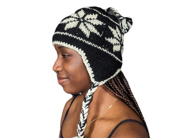 Fair Trade Black Snowflake Wool Earflap Hat (Fleece Lined)
