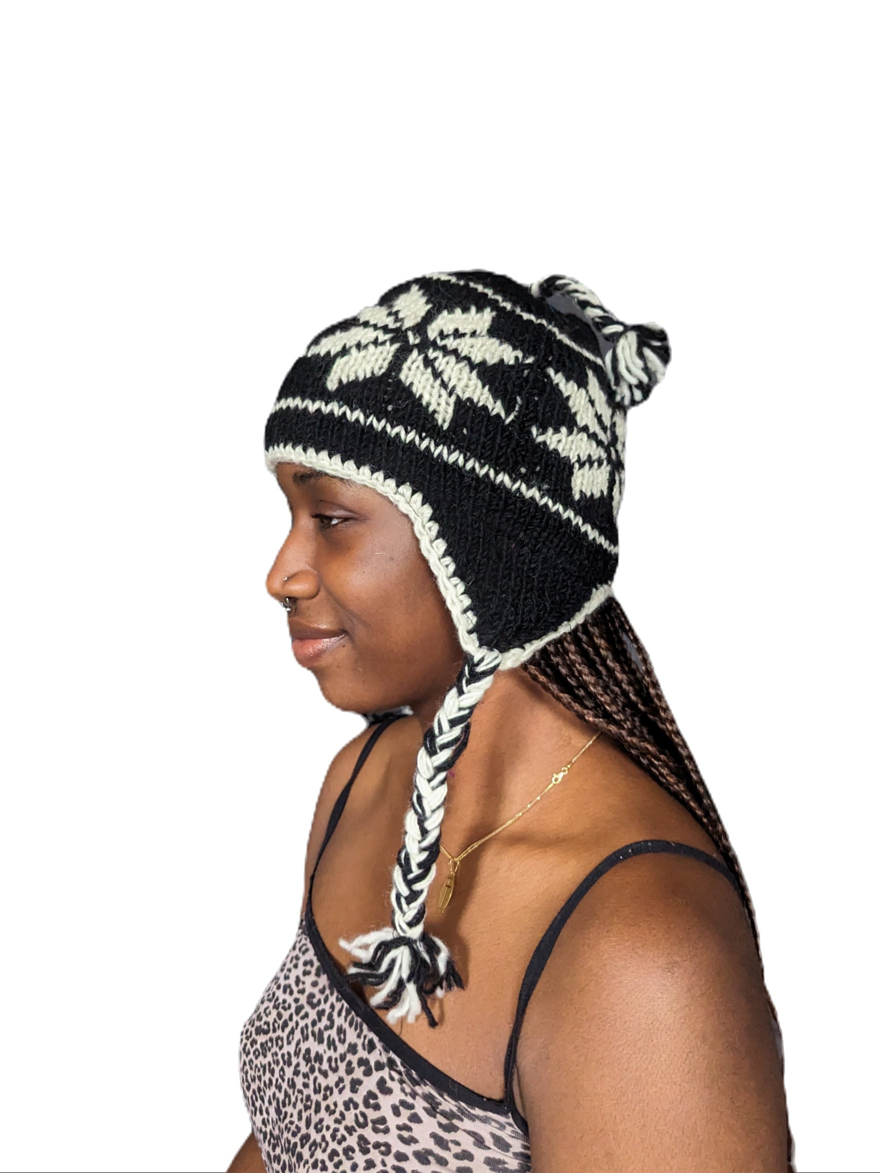 Fair Trade Black Snowflake Wool Earflap Hat Fleece Lined