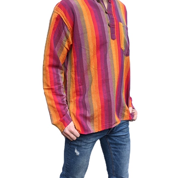 Fair Trade Regenbogen gestreifte Baumwolle, Langarmshirt, oben und Seitentasche bis 7XL SH707