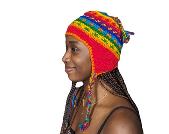 Fair Trade Rainbow with Design Wool Earflap Hat (Fleece Lined)