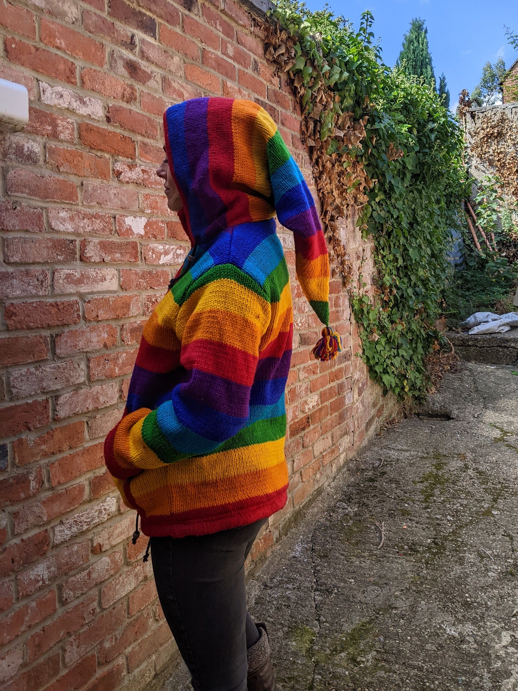 Fair Trade Pixie Hood Unisex Rainbow Wool Jacket With Fleece