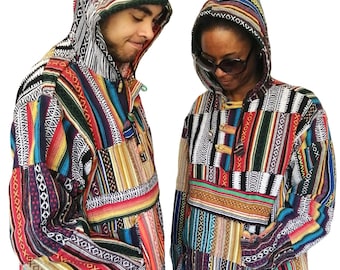 May include: Two colourful hooded jackets with a patchwork design featuring geometric patterns in shades of red, orange, yellow, green, blue, and black.