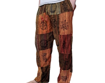 Fairtrade Patchwork  Blockprint Overdye Cotton Stonewashed Long Trousers can be worn 3/4 length in 3 Colours Orange, Green or Purple P137