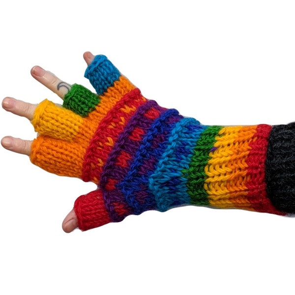 Fair Trade Gloves Fingerless Woollen "Rainbow Dot" Fleece Lined