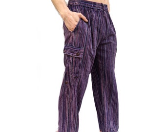 Fair Trade Purple Nepal Stripe Woven Soft Stonewashed Overdyed Cotton Box Pocket Trousers (worn full length or 3/4 length) size to 2XL P432