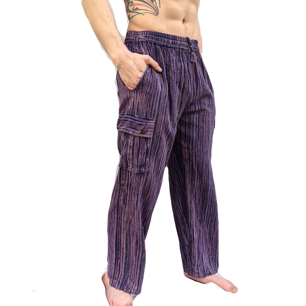 Fair Trade Purple Nepal Stripe Woven Soft Stonewashed Overdyed Cotton Box Pocket Trousers (worn full length or 3/4 length) size to 2XL P432