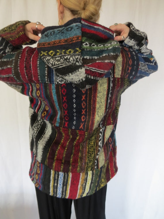 Fairtrade Wool Jacket Hoodie Coat Cardigan Fair Isle Hippy Festival Black Red XL