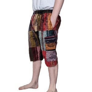 Fair Trade Heavy Cotton Denim Combat Patchwork Shorts Blockprint Stonewashed in 4 Colours Brown