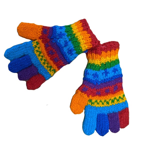 Fair Trade Finger Gloves "Rainbow Dot" Wool with Fleece Lining