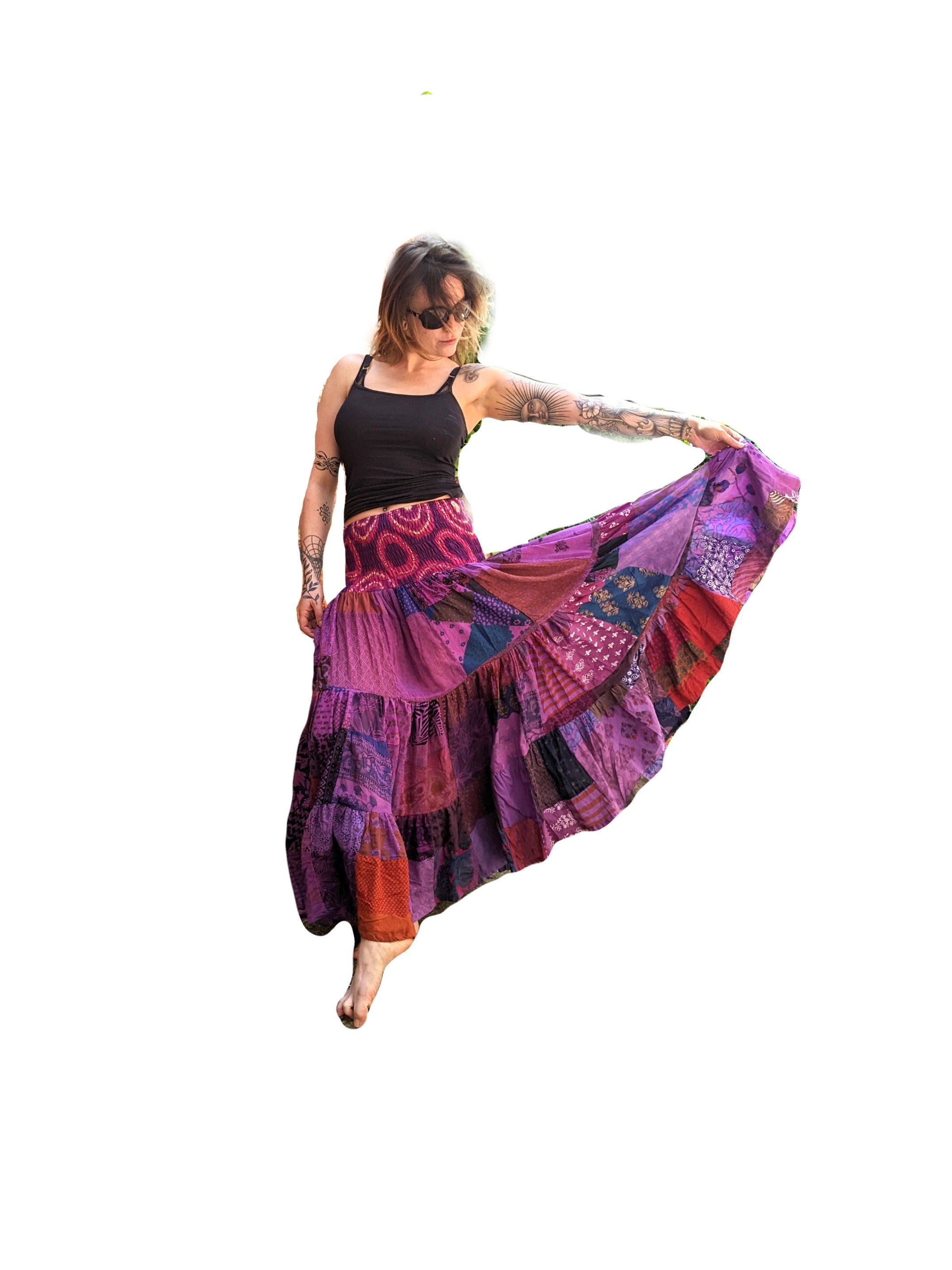 4 Colours Women's Patchwork Extra Wide Gypsy Skirt Bobbin