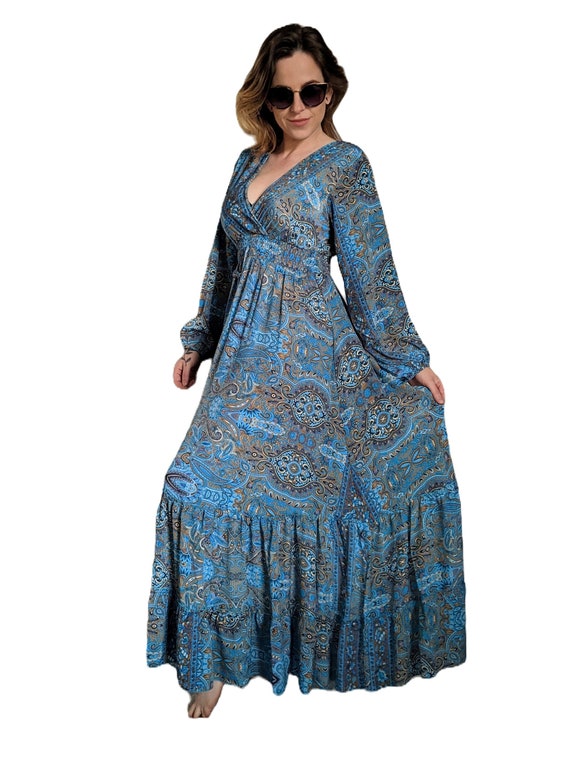 chinese dress ladies Hand-Dyed Side Slit Maxi Dress | V-Neck Viscose Stretch