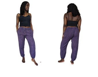 Fair Trade Stripe Cotton Trousers Elastic Bottom: Nepal Woven Stonewashed Pants