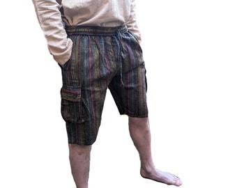 Fair Trade Light Cotton Nepal Stripe Green/Maroon Shorts with Box Pockets