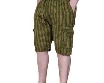 Fair Trade Light Cotton Nepal Stripe Combat Shorts with Box Pockets in 4 Colours