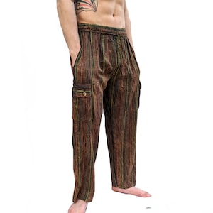 Fair Trade Maroon Green, Blues, Cream and Yellow, Grey, Orange, Purple Stripe Nepal Woven Soft Stonewashed Cotton Box Pocket Trousers P432 画像 1