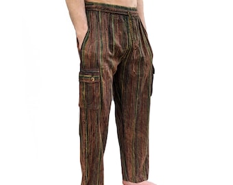 Fair Trade Maroon and Green Stripe Nepal Woven Soft Stonewashed  Cotton Box Pocket Trousers worn long or 3/4 length P432