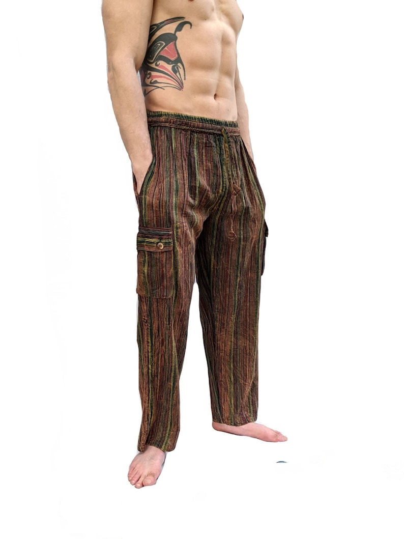 Fair Trade Maroon Green, Blues, Cream and Yellow, Grey, Orange, Purple Stripe Nepal Woven Soft Stonewashed Cotton Box Pocket Trousers P432 image 1