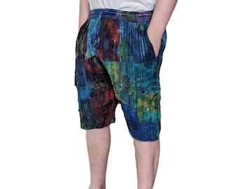 Fair Trade Tie Dye Light Cotton Nepal Stripe Patchwork Shorts with Box Pockets and Blockprint.