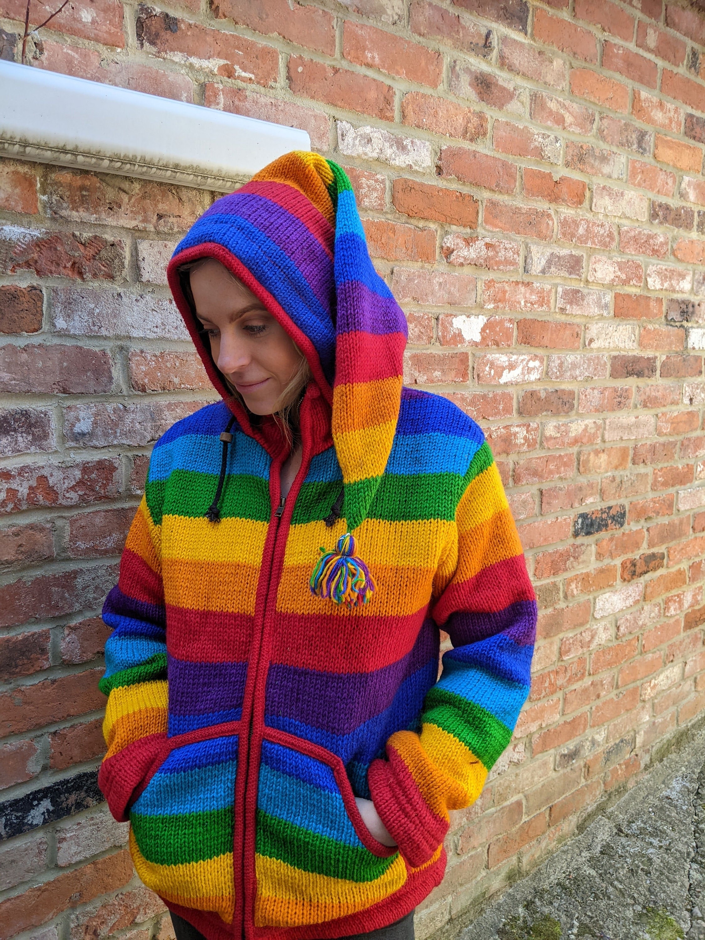 Fair Trade Unisex Rainbow Wool Jacket with Fleece Lining Pixie Hood