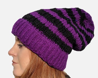 Fair Trade Purple Black Wool Floppy Beanie  (Fleece Lined)