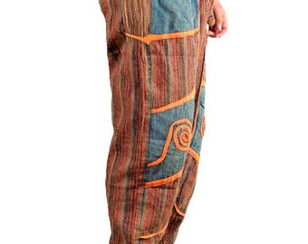 Round Knee Natural Design Stonewash Nepal Stripe Cotton Trousers Elastic Bottom