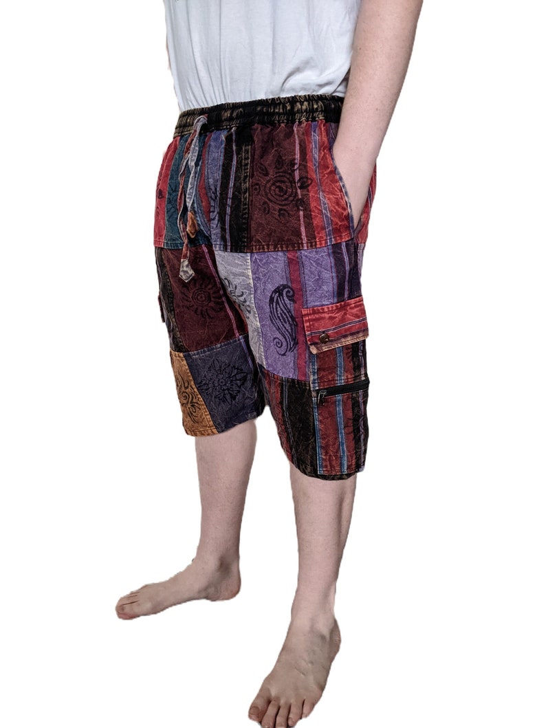 Fair Trade Heavy Cotton Denim Combat Patchwork Shorts Blockprint Stonewashed in 4 Colours Purple