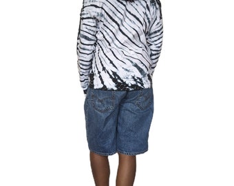 Long Sleeve Cotton Jersey Black and White Tie Dye Round Neck Top