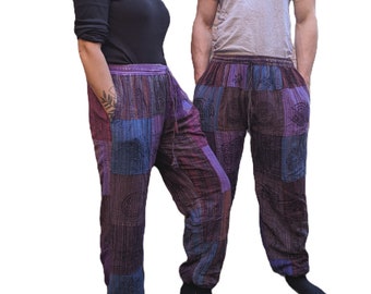 Fairtrade Fleece Lined Patchwork Cotton Trousers with Elastic Bottom and Blockprint decoration in 3 Colours and 3 sizes P808