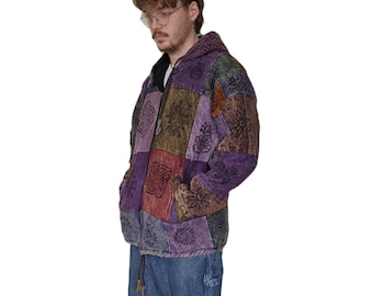 Fair Trade Fleece Lined Patchwork Cotton Jacket - Stonewash Blockprint