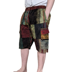 Fair Trade Heavy Cotton Denim Combat Patchwork Shorts Blockprint Stonewashed in 4 Colours Green