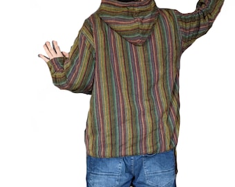Fair Trade Fleece Lined Cotton Pullover: Nepal Stripe Stonewash