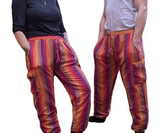 Fairtrade Fleece Lined Woven Cotton Rainbow Trousers with Elastic Bottom in two sizes P022-1