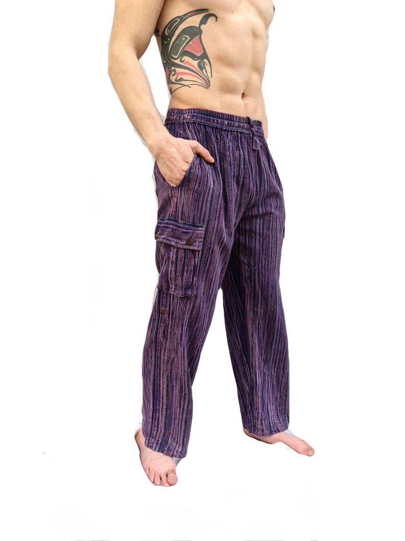 Fair Trade Maroon Green, Blues, Cream and Yellow, Grey, Orange, Purple Stripe Nepal Woven Soft Stonewashed Cotton Box Pocket Trousers P432 image 9