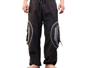 Elastic Botttom Natural Brush Cotton Motif Trim Zip Knee Heavy Cotton Stonewashed Trouser