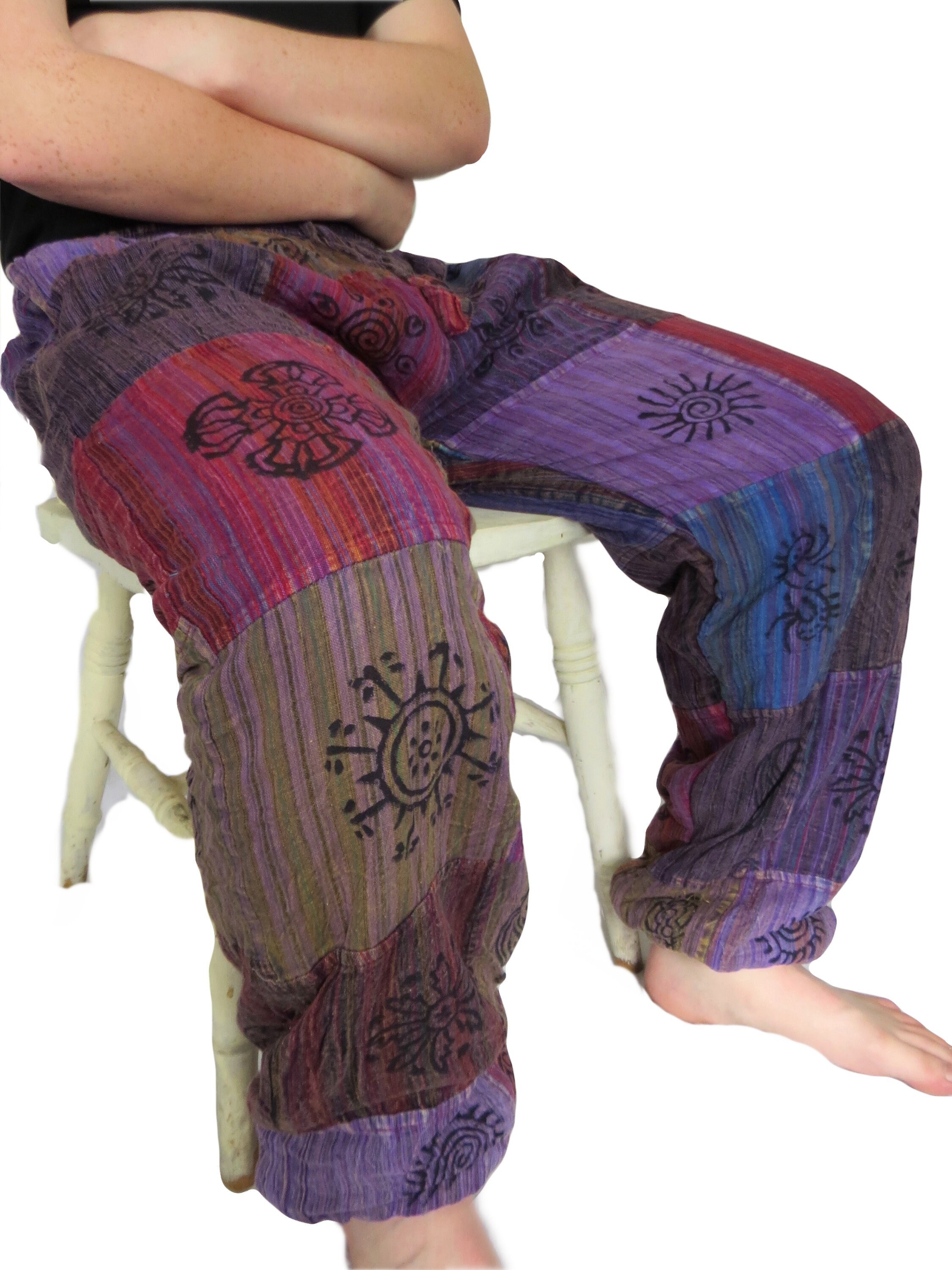 Image of Fairtrade Trousers Fleece Lined Elastic Bottom Patchwork Blockprint | In 2 Colours P808