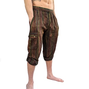 Fair Trade Maroon Green, Blues, Cream and Yellow, Grey, Orange, Purple Stripe Nepal Woven Soft Stonewashed Cotton Box Pocket Trousers P432 image 2