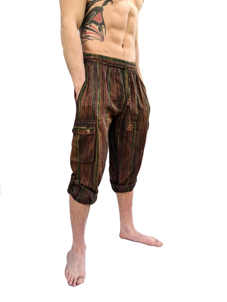 Fair Trade Maroon Green, Blues, Cream and Yellow, Grey, Orange, Purple Stripe Nepal Woven Soft Stonewashed Cotton Box Pocket Trousers P432 image 2