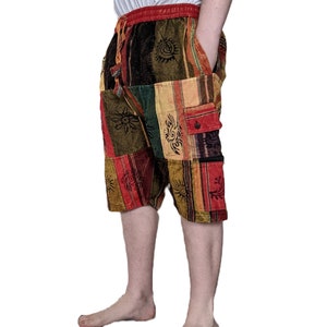 Fair Trade Heavy Cotton Denim Combat Patchwork Shorts Blockprint Stonewashed in 4 Colours Orange