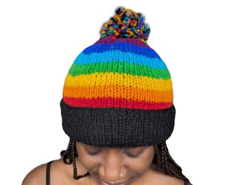 Fair Trade Rainbow with Black Rim Wool Bobble Hat (Fleece Lined)