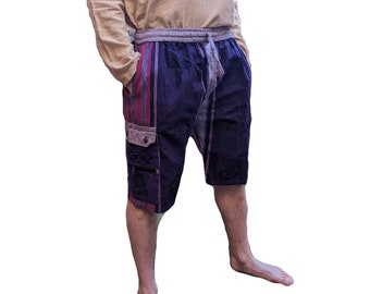 Fair Trade Heavy Cotton Stripe Shorts Stonewash with Blockprint Box Pockets  (In 3 colours)