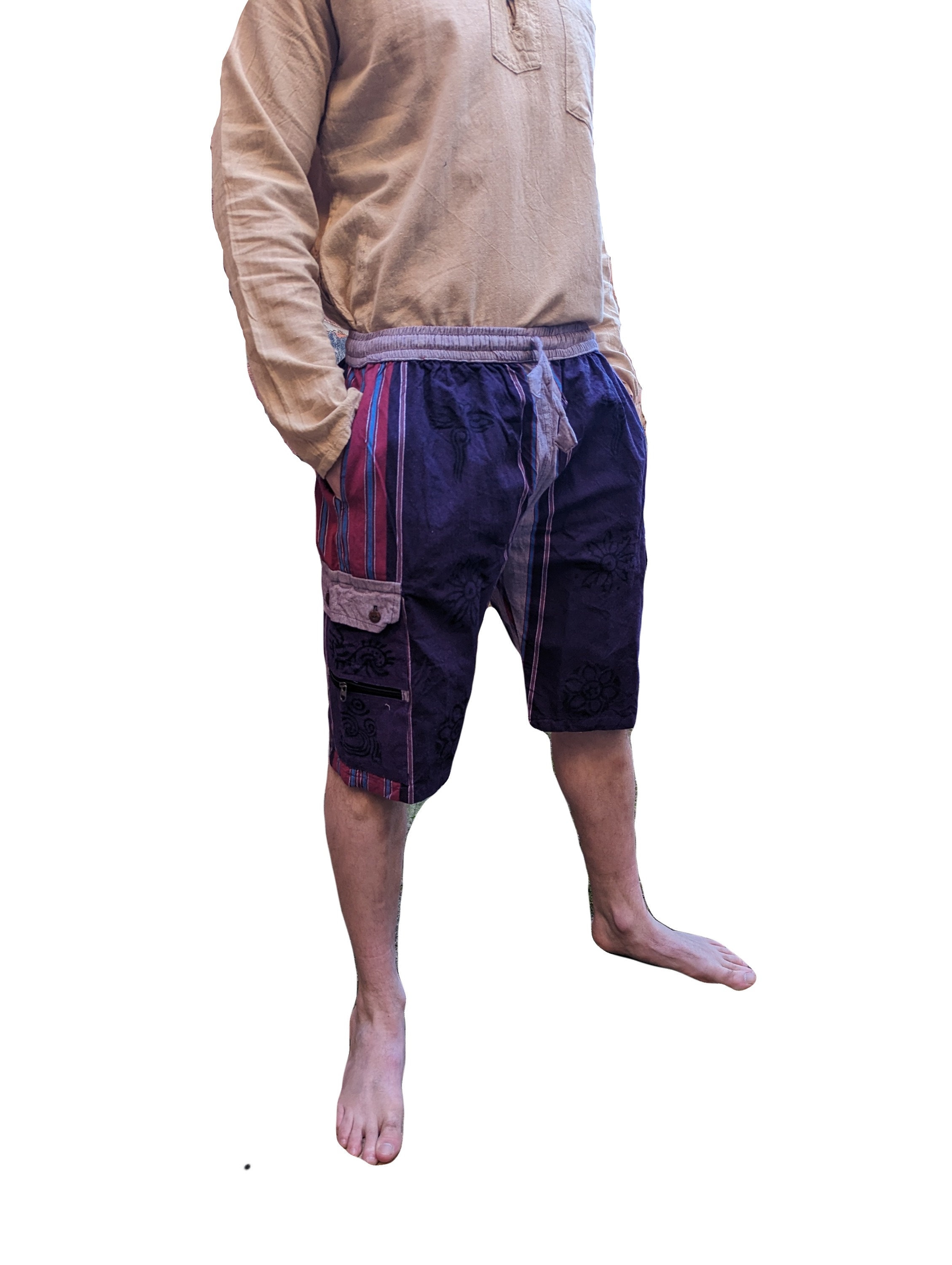 Fair Trade Heavy Cotton Stripe Shorts Stonewash with Blockprint Box Pockets  (In 3 colours)