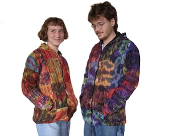 Patchwork Tie Dye  Fleece Lined Cotton Jacket With Hood