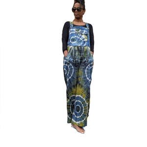 Women&#39;s Fair Trade Cotton Green Yellow Circle Tie Dye Dungarees. Adjustable straps.