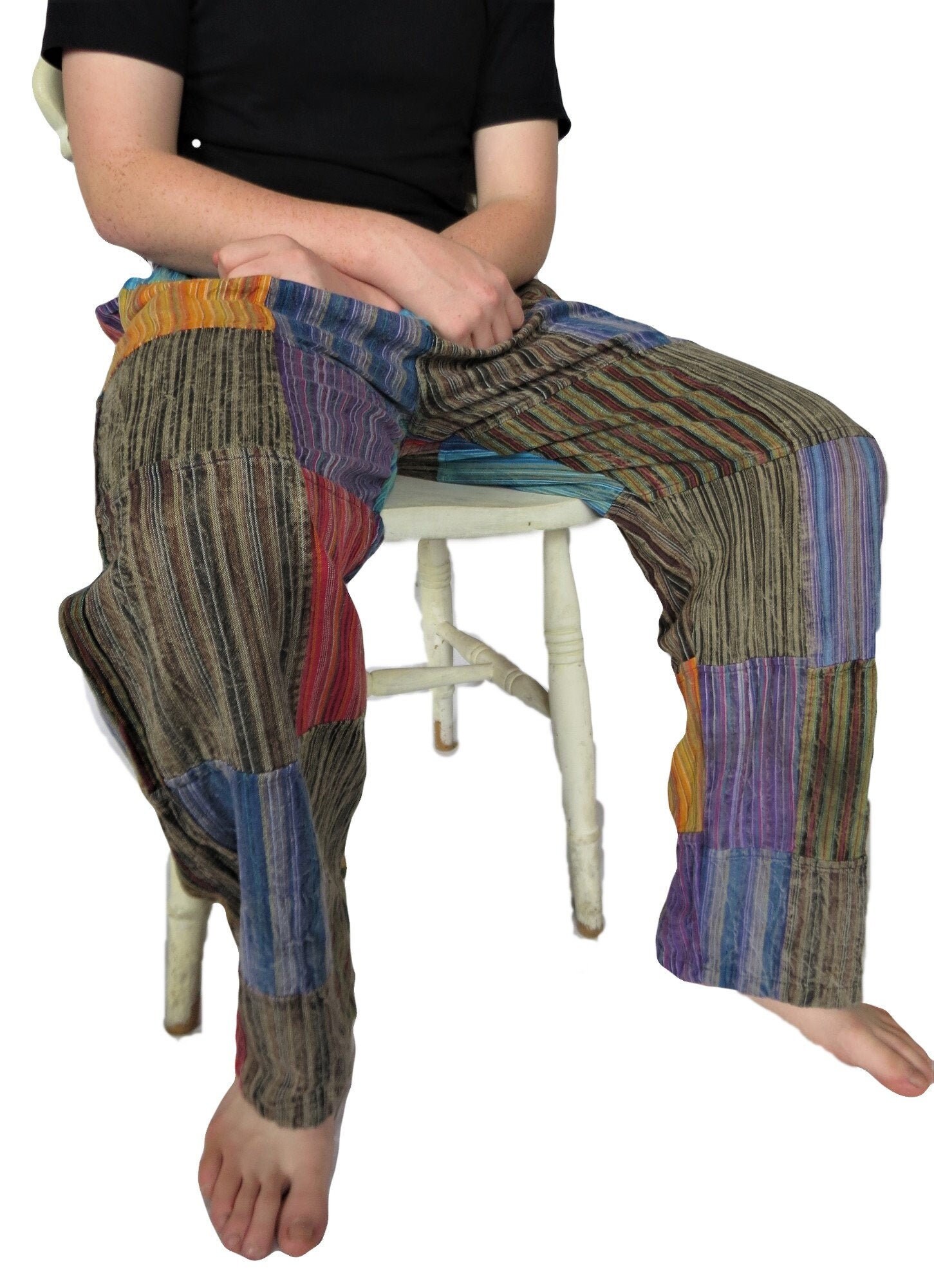 Image of Fairtrade Trousers Patchwork Striped Stonewash Box Pocket Map1