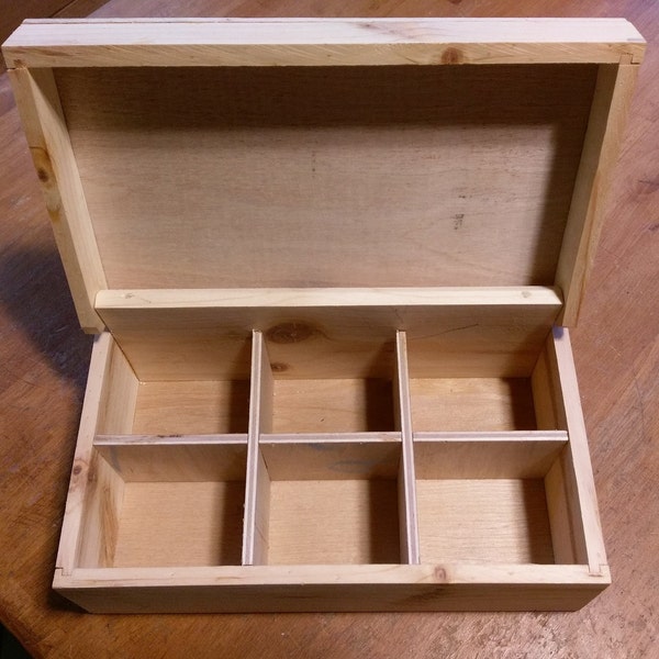 Unfinished Wood Box-Hinged Lid-Six Compartments