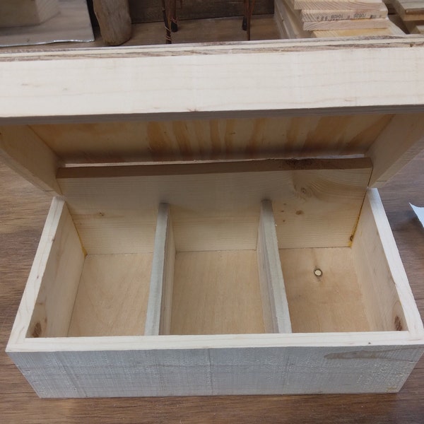 Unfinished Wood Box-Hinged Lid-Three Compartments