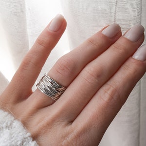 May include: A silver ring made of multiple thin bands twisted together. The ring is worn on a person's finger.